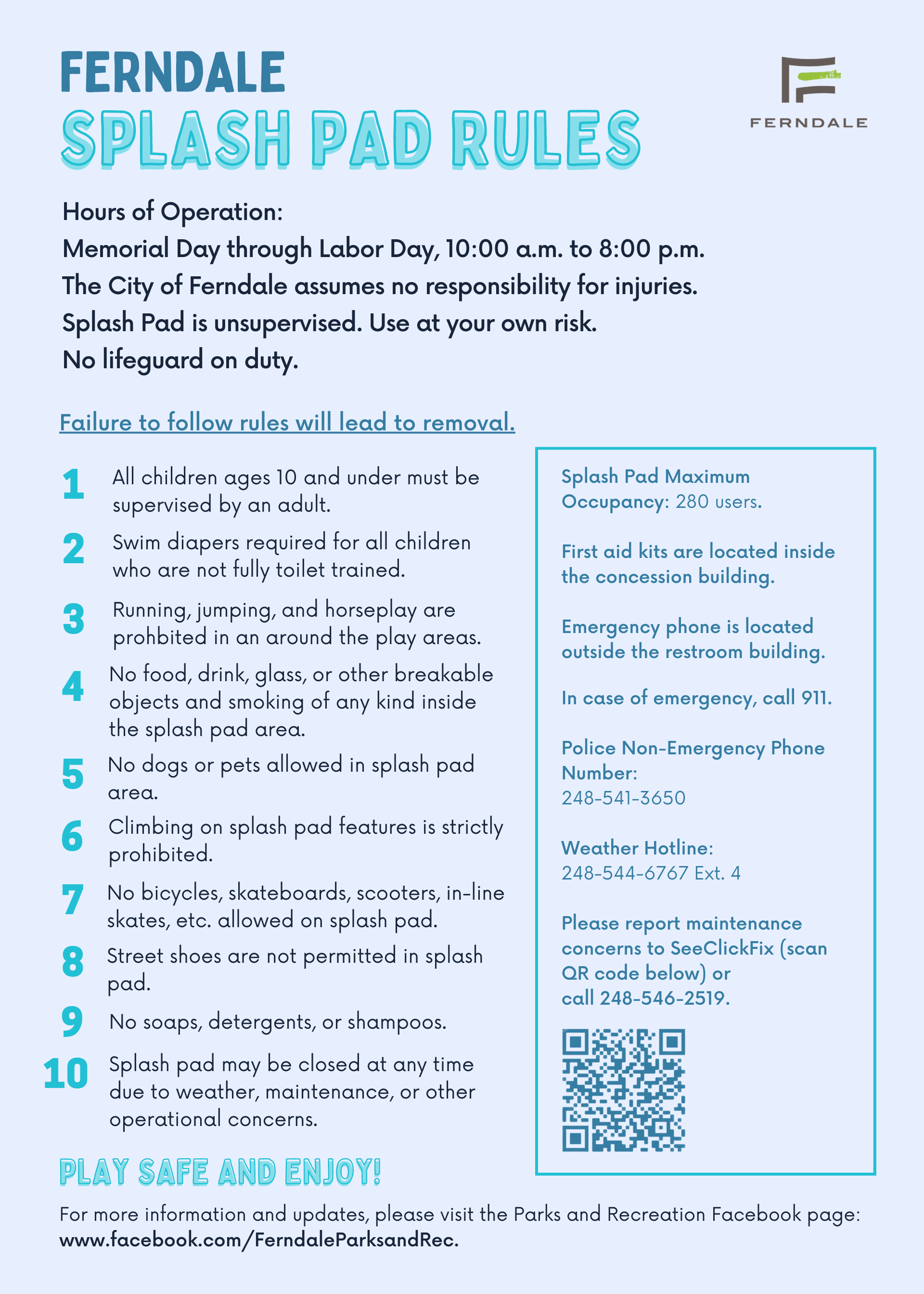 Ferndale / Resource Number Two with a long name / Splash Pad Rules and